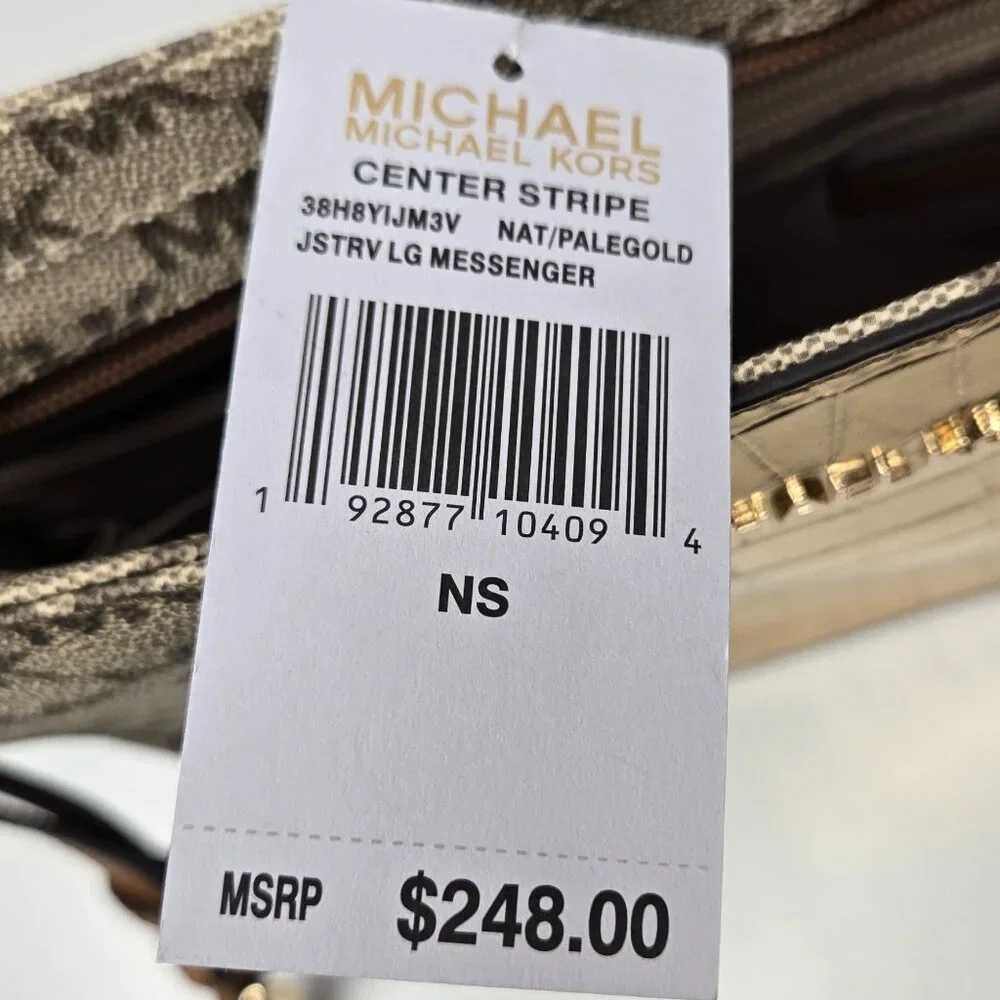 NWT Michael Kors Center Stripe Crossbody‎ Purse Metallic Pale Gold Croc Embossed